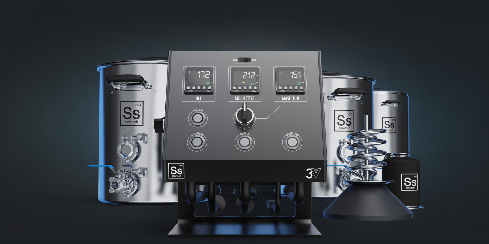 Product Photo of Ss Brewtech 3V eBrewing System with the 3V eController front and center, an eBrewing | RIMS to the right, and eKettles in the background