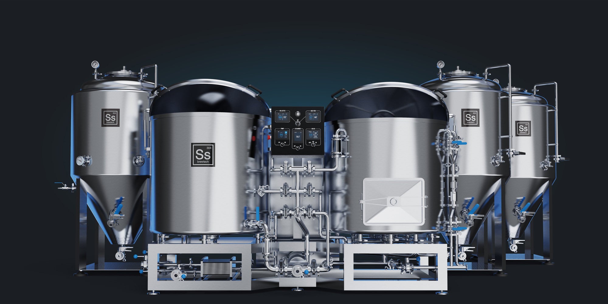 Product Photo of Ss Brewtech 3.5 Bbl Nano Electric Brewhouse in the center, surrounded by three Ss Brewtech 3.5 Bbl Nano Jacketed Unitanks