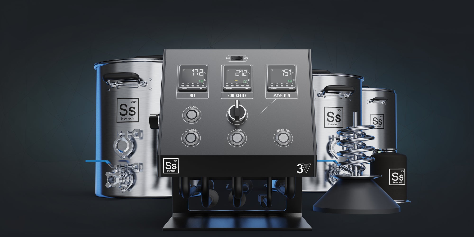 Product Photo of Ss Brewtech 3V eBrewing System with the 3V eController front and center, an eBrewing | RIMS to the right, and eKettles in the background 